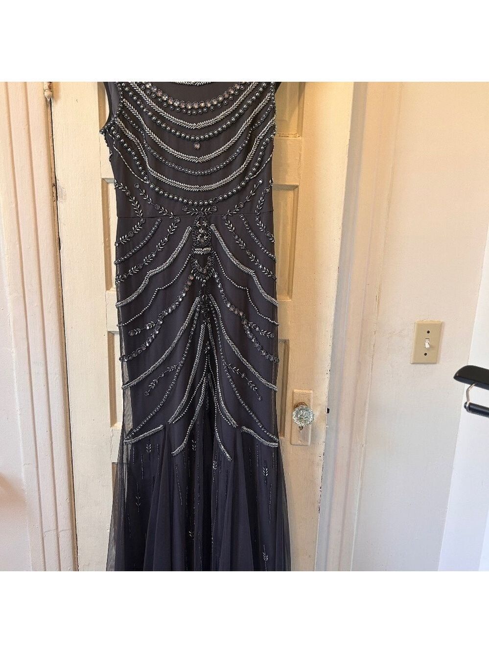 Adrianna Papell Womens Grey Beaded Mermaid Gown Wedding Formal Occasion Sz 4